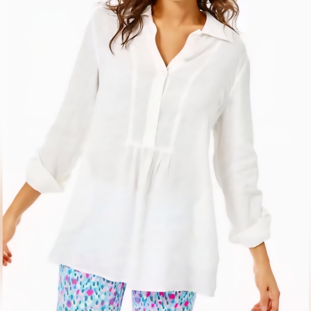 NWT Lilly Pulitzer Palm Shores Linen Tunic Top in Resort White Pleated Blouse